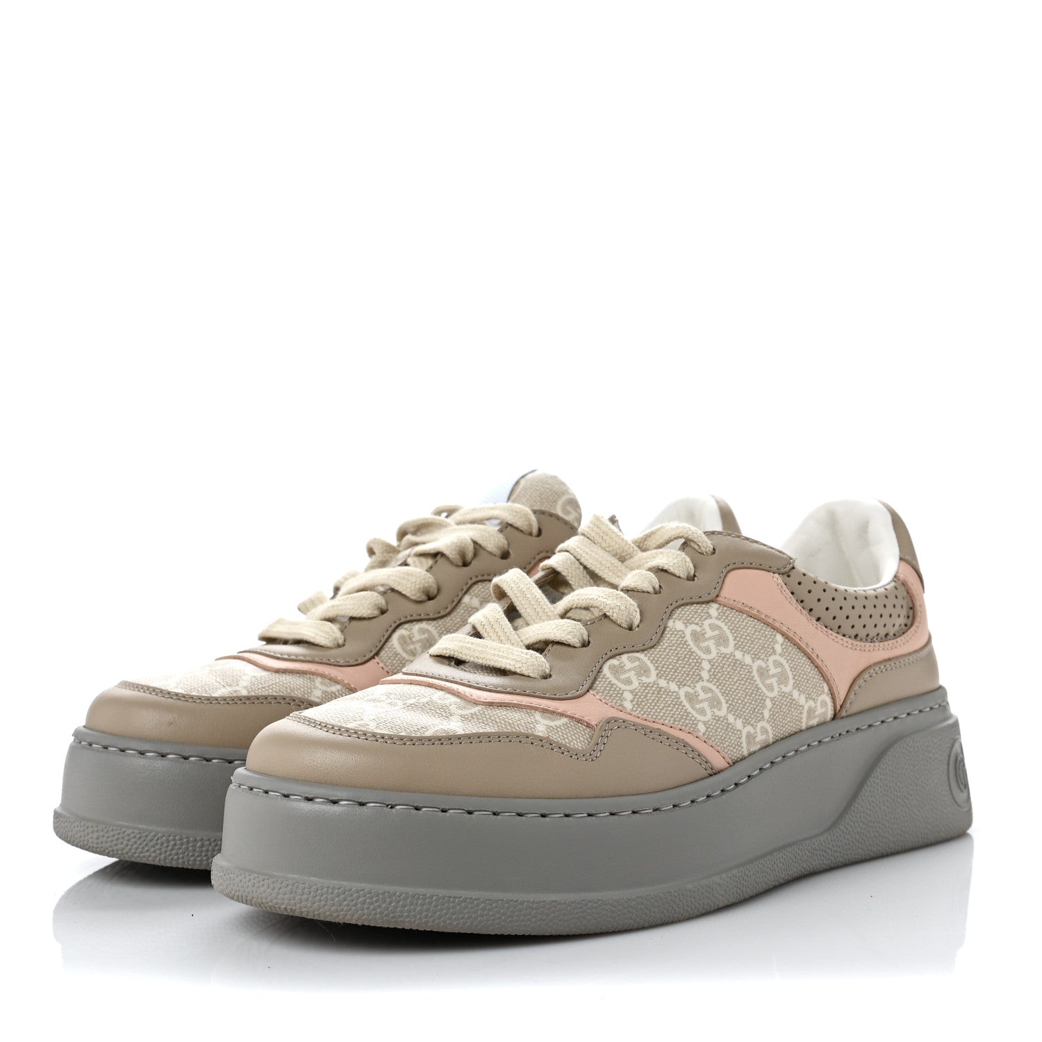 Gucci Calfskin GG Supreme Monogram Perforated Womens Platform 55mm Sneakers 37 Apricot Pink Beige Grey 3 of 8