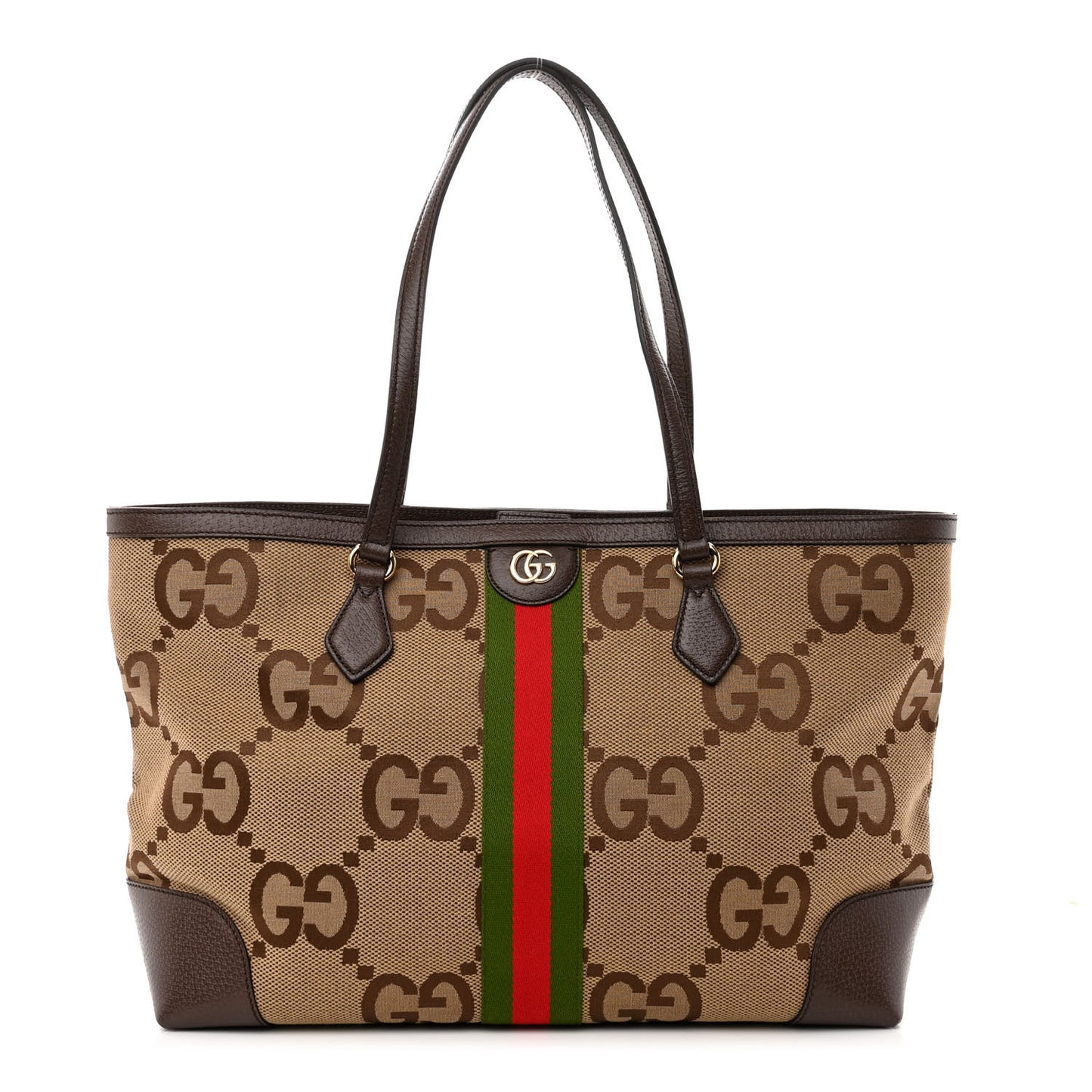 Monogram Jumbo GG Textured Dollar Calfskin Web Medium Ophidia Shopping Tote Camel Ebony
