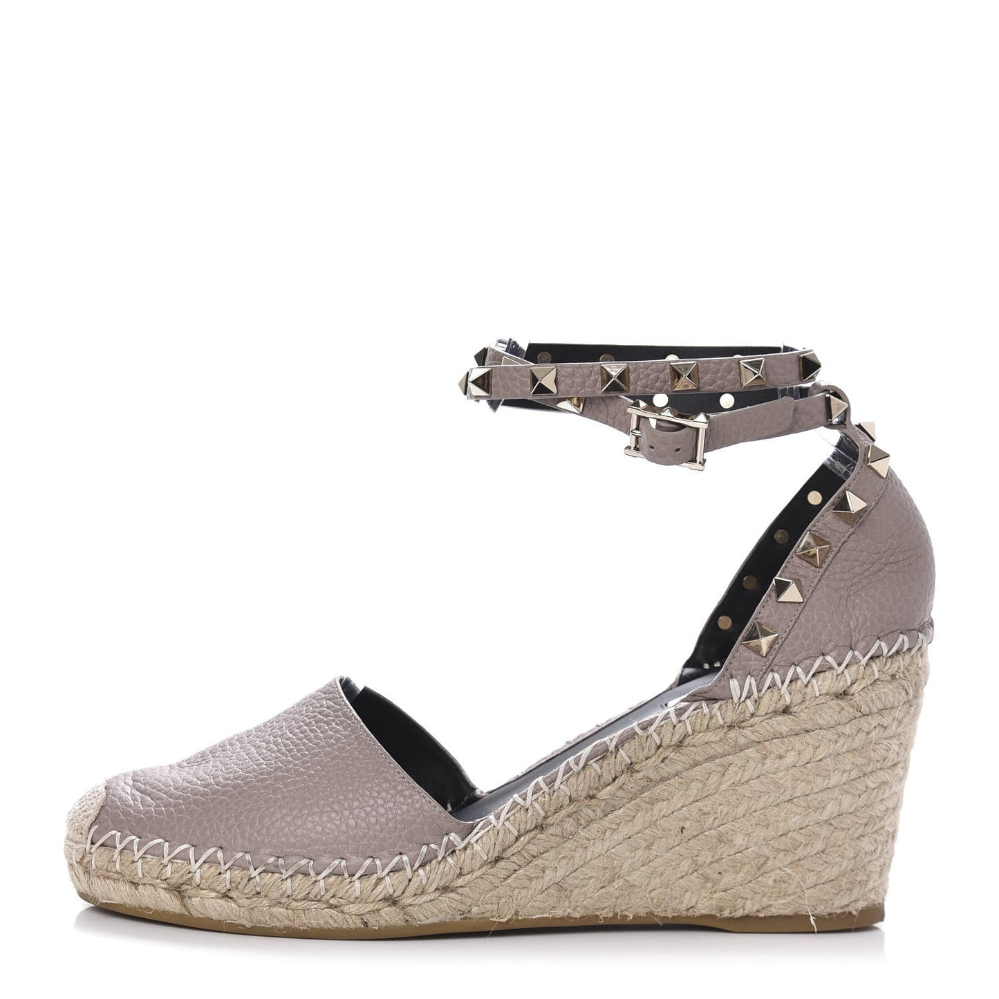 Grained Calfskin Rockstud Ankle Wrap Espadrille 15/85mm Wedges 40 Poudre