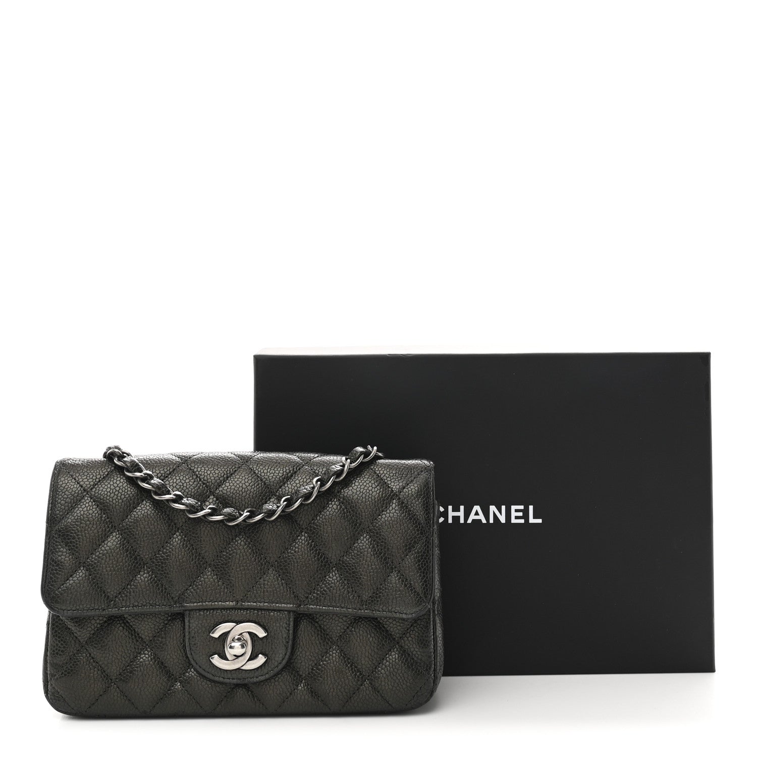 レア◎C H A N E Lチャコールグレーバッグ Chanel Metallic Caviar Quilted Mini Rectangular Flap Dark Grey