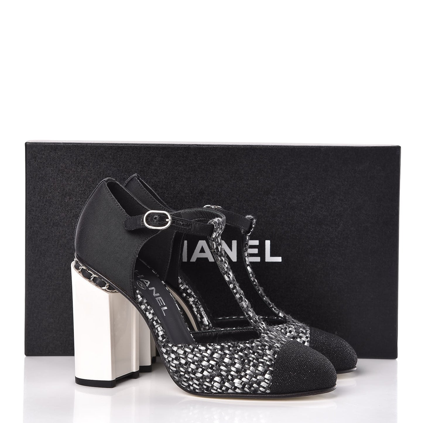 Tweed Grosgrain Chain T-Strap Pumps 38.5 Black Silver