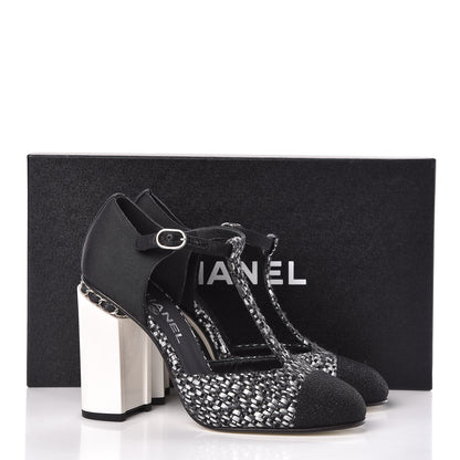 Chanel Tweed Grosgrain Chain T-Strap Pumps 38.5 Black Silver 9 of 9