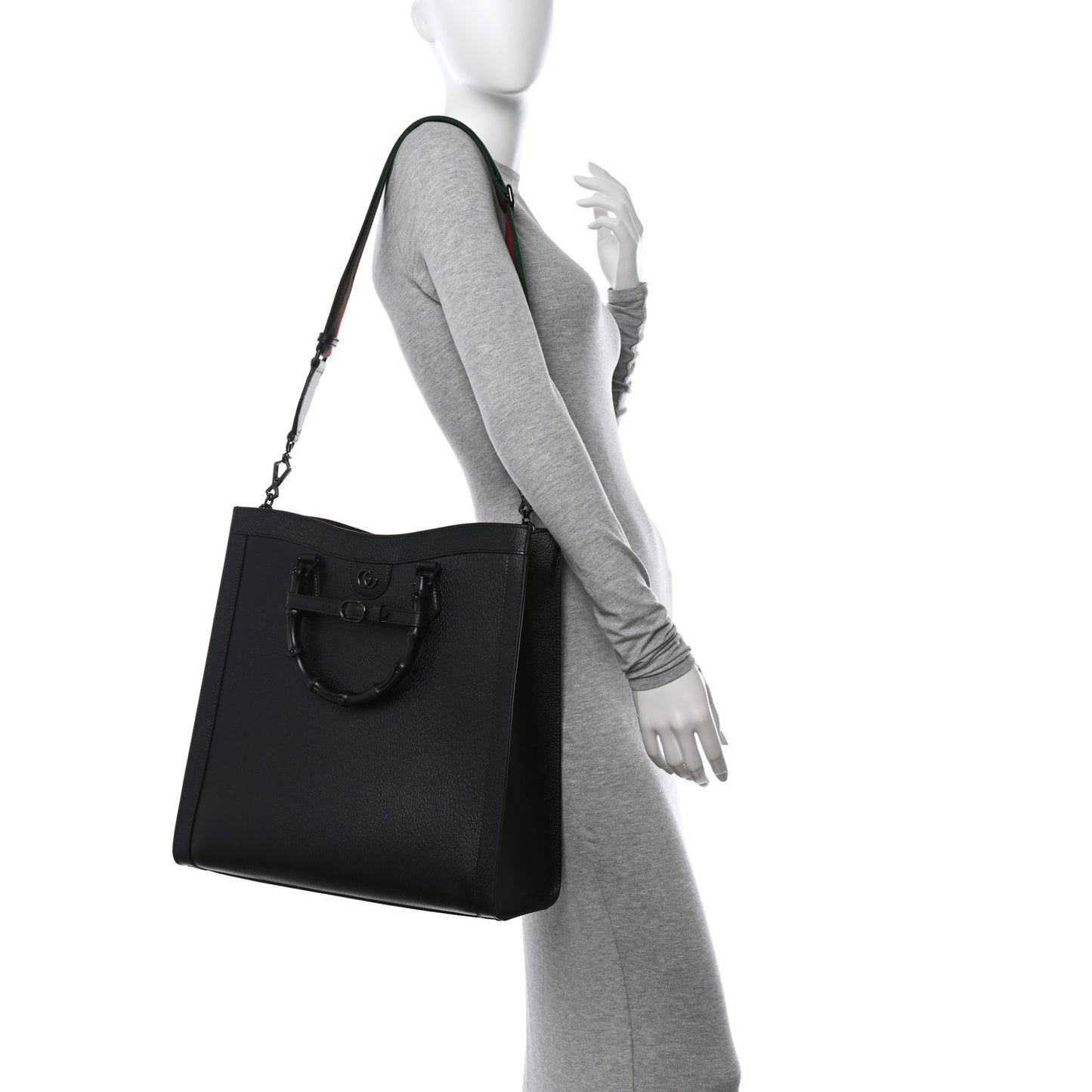 Textured Dollar Calfskin Web Monochrome Large Diana Tote Bag Black