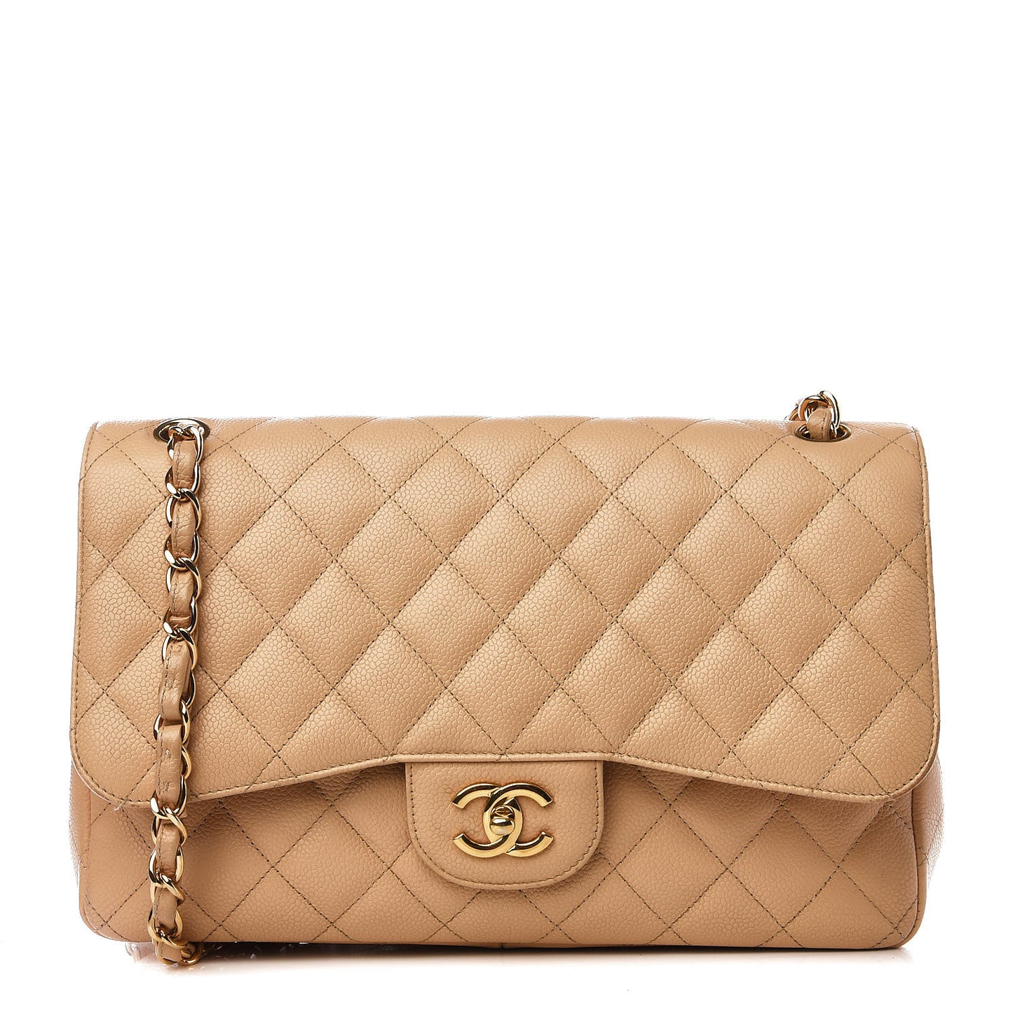 Caviar Quilted Jumbo Double Flap Beige