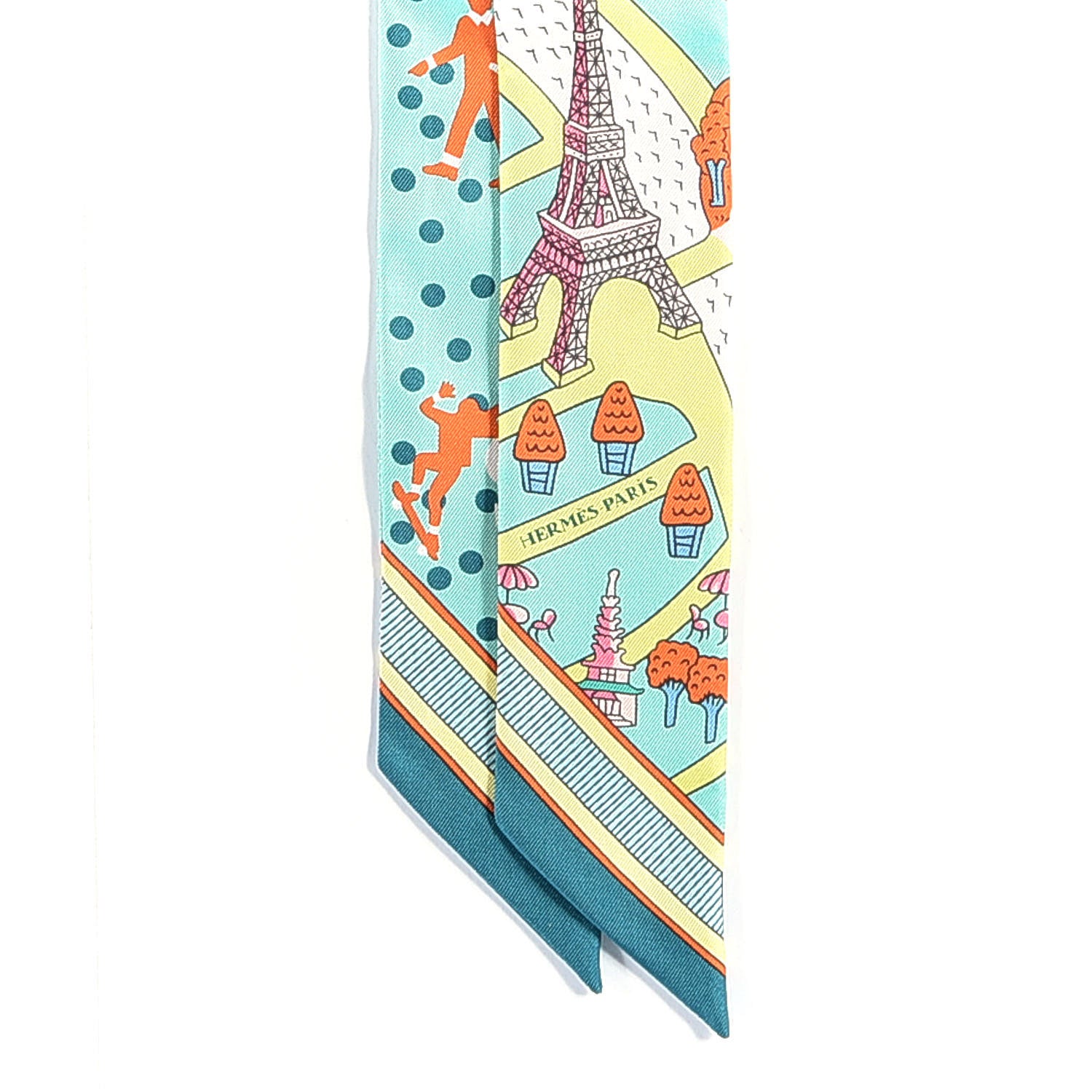 Hermes Silk Les Nouveaux Amoureux de Paris Twilly Vert D'eau Jaune Fluo Orange 2 of 4