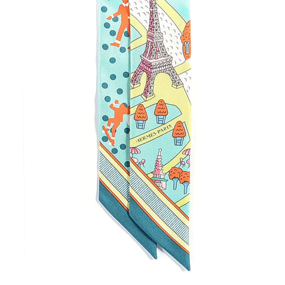 Hermes Silk Les Nouveaux Amoureux de Paris Twilly Vert D'eau Jaune Fluo Orange 2 of 4