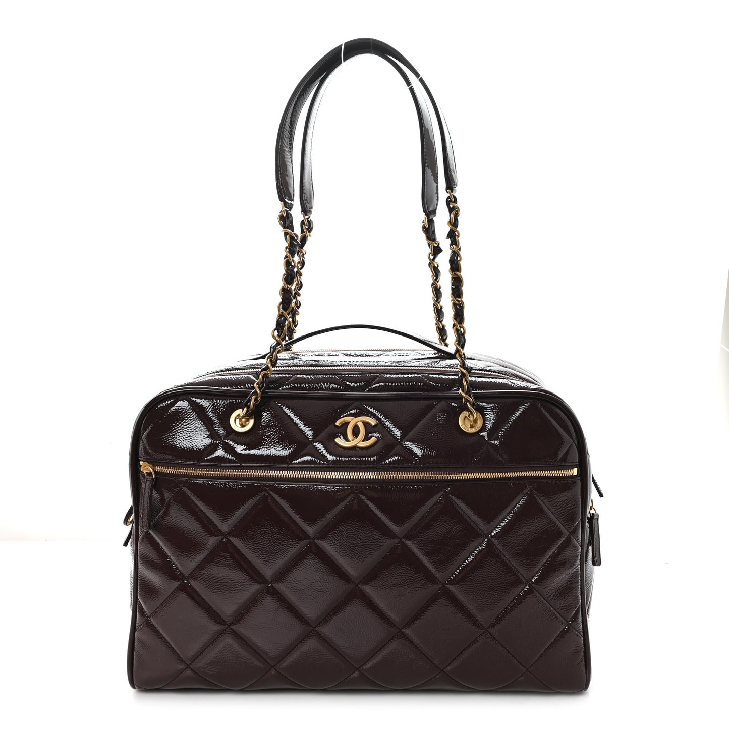 Patent Crumpled Calfskin Quilted Travel Bowling Bag Dark Brown