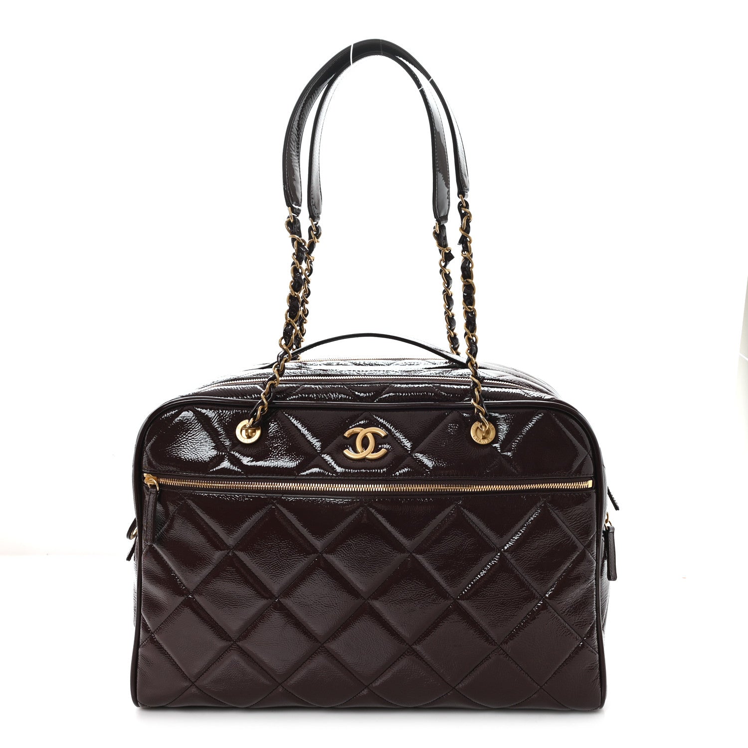 Chanel Patent Crumpled Calfskin Quilted Travel Bowling Bag Dark Brown 1 of 10