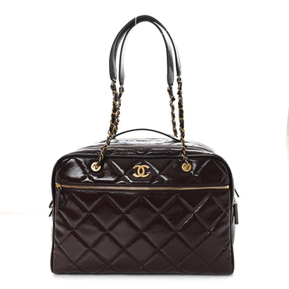 Chanel Patent Crumpled Calfskin Quilted Travel Bowling Bag Dark Brown 1 of 10