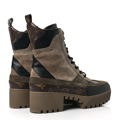 Louis Vuitton Suede Calfskin Monogram Laureate Platform Desert Boots 37.5 Taupe 4 of 7