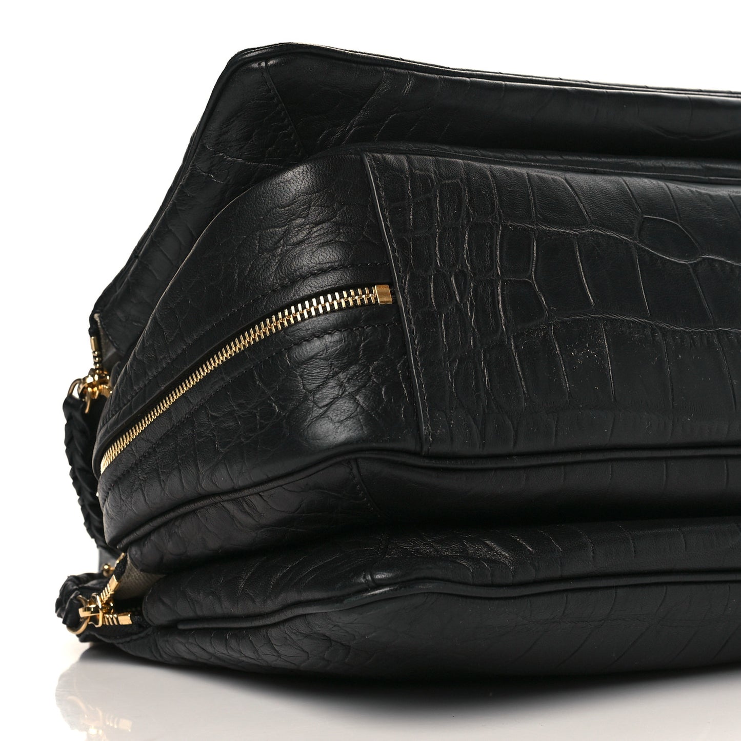 Crocodile Embossed Calfskin Small Triptyque Satchel Black