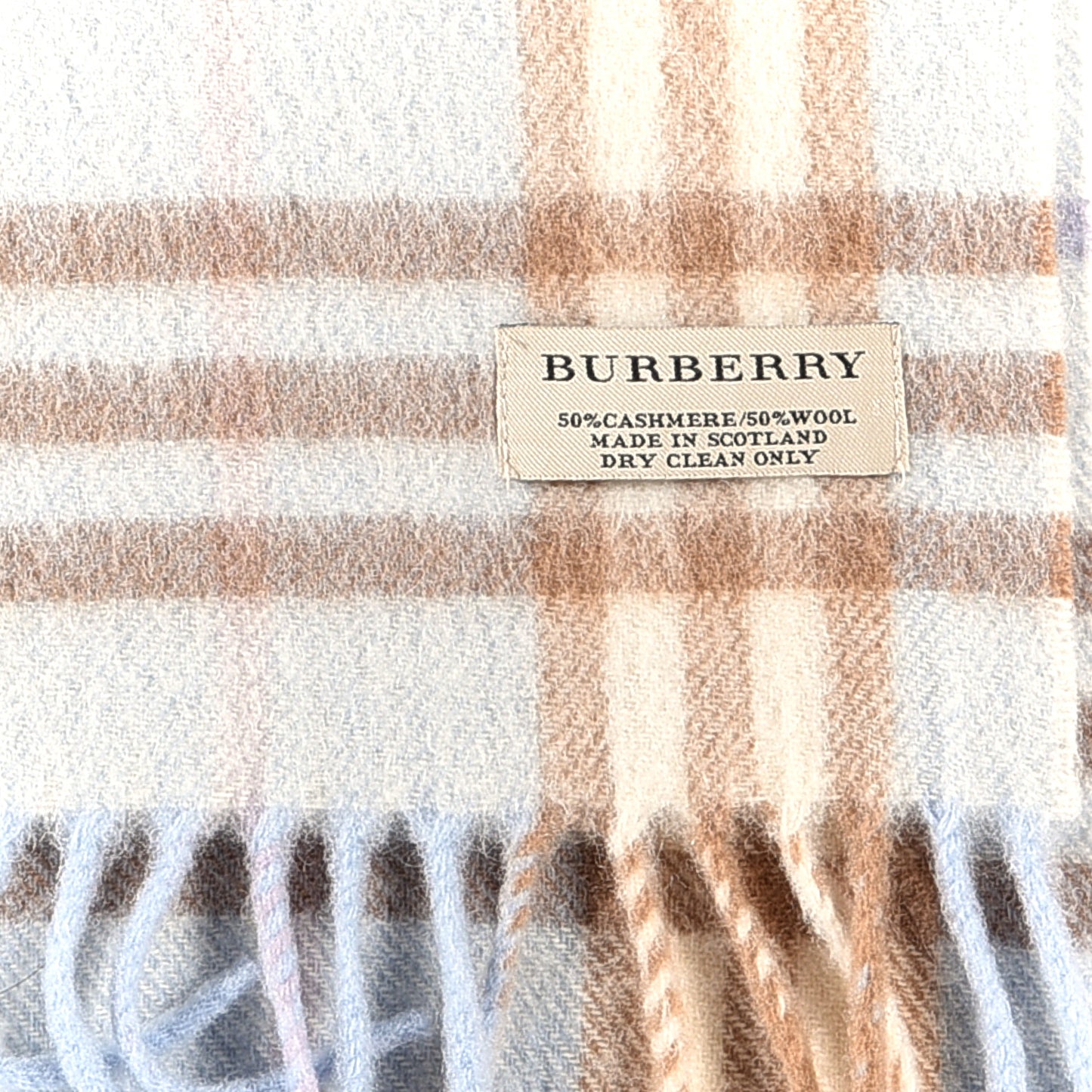 Cashmere Wool Check Fringe Scarf Light Blue