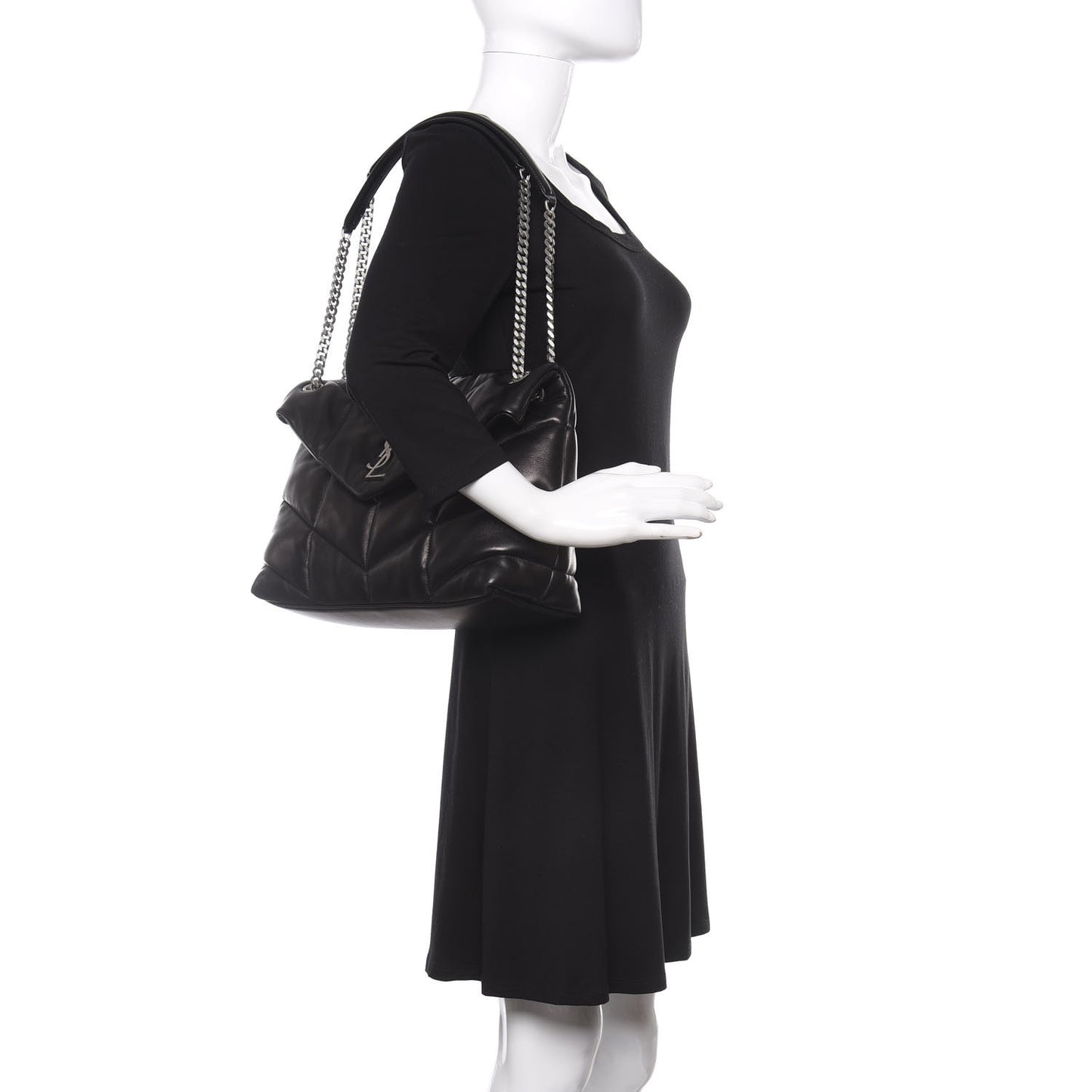 Lambskin Quilted Medium Loulou Puffer Monogram Chain Satchel Black