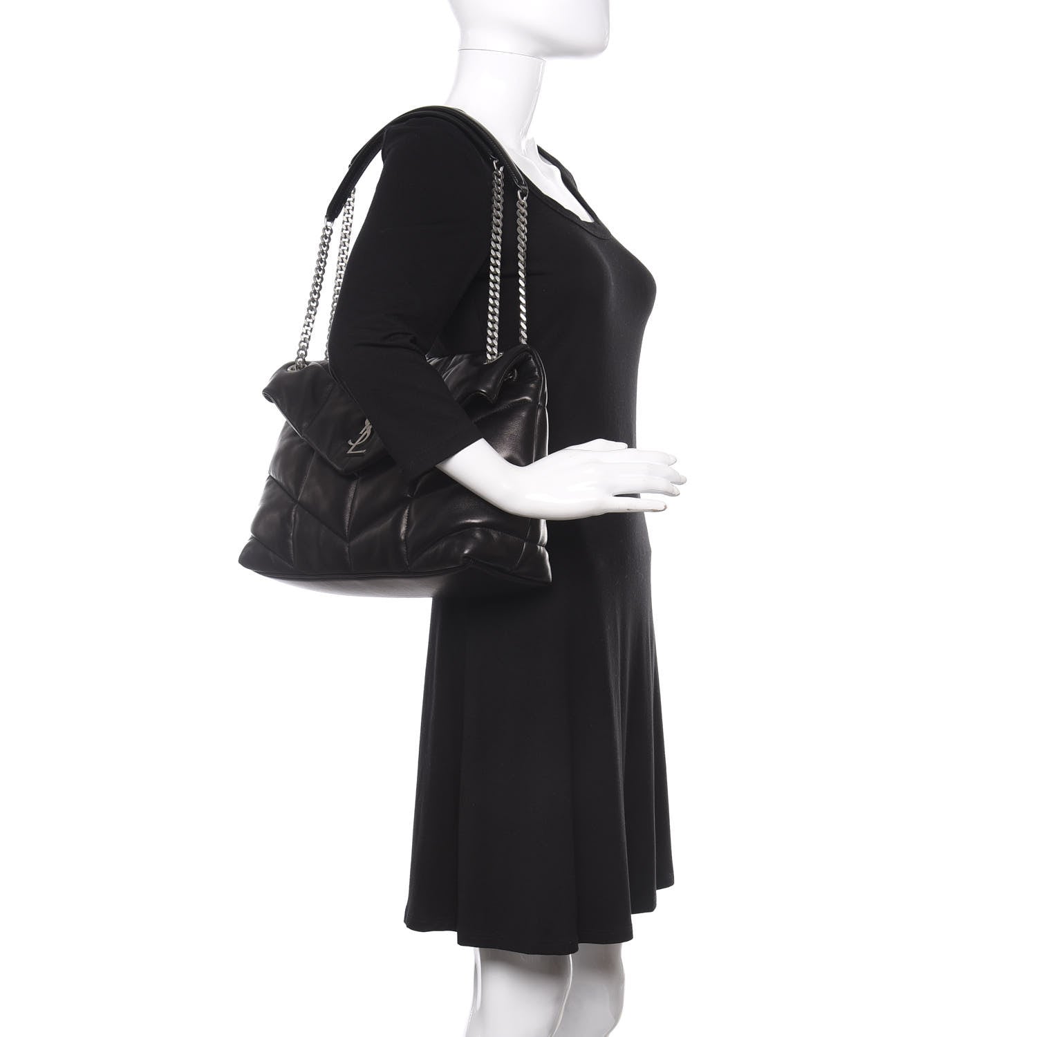 Saint Laurent Lambskin Quilted Medium Loulou Puffer Monogram Chain Satchel Black 2 of 11