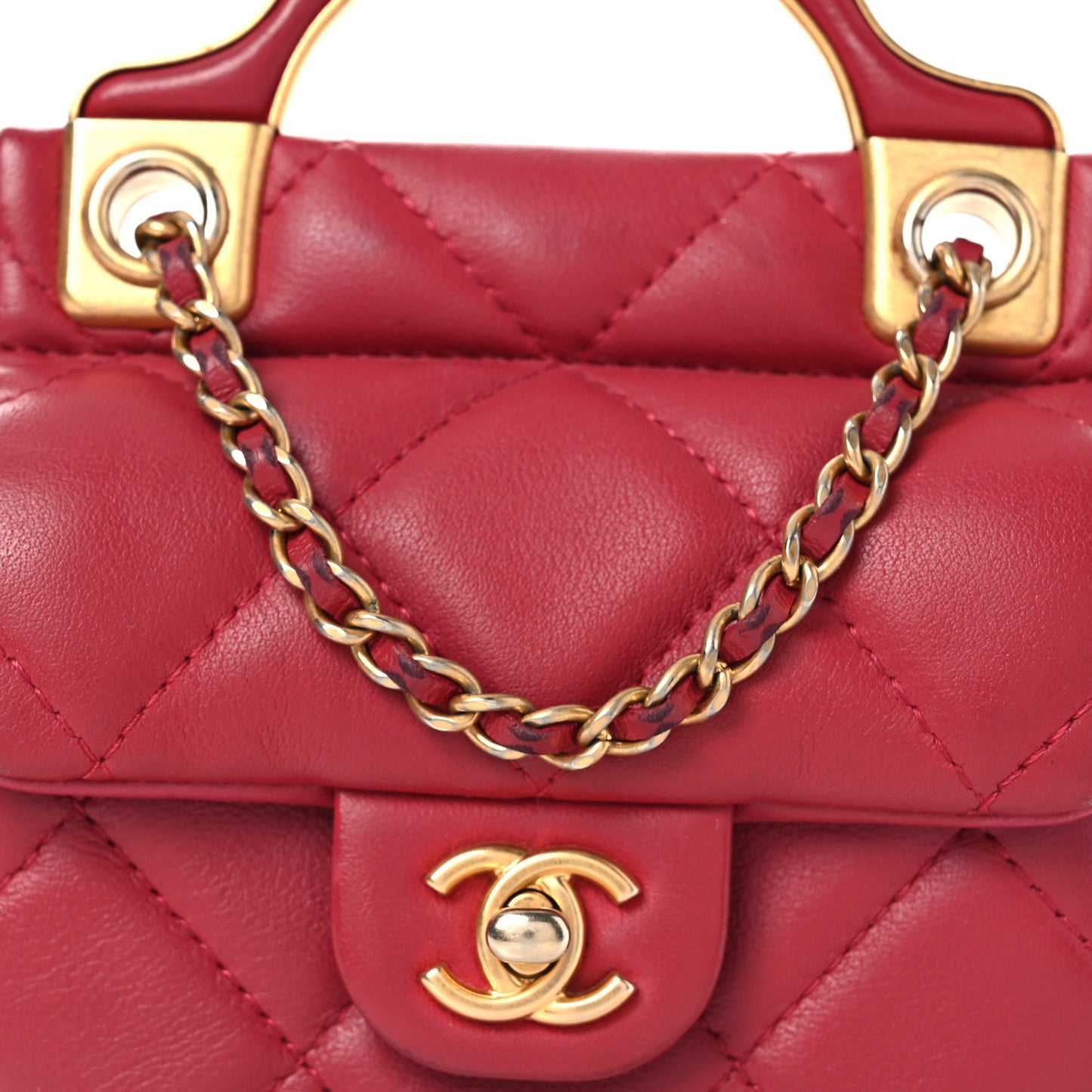 Calfskin Quilted Lady Handle Flap Card Holder With Chain Dark Pink