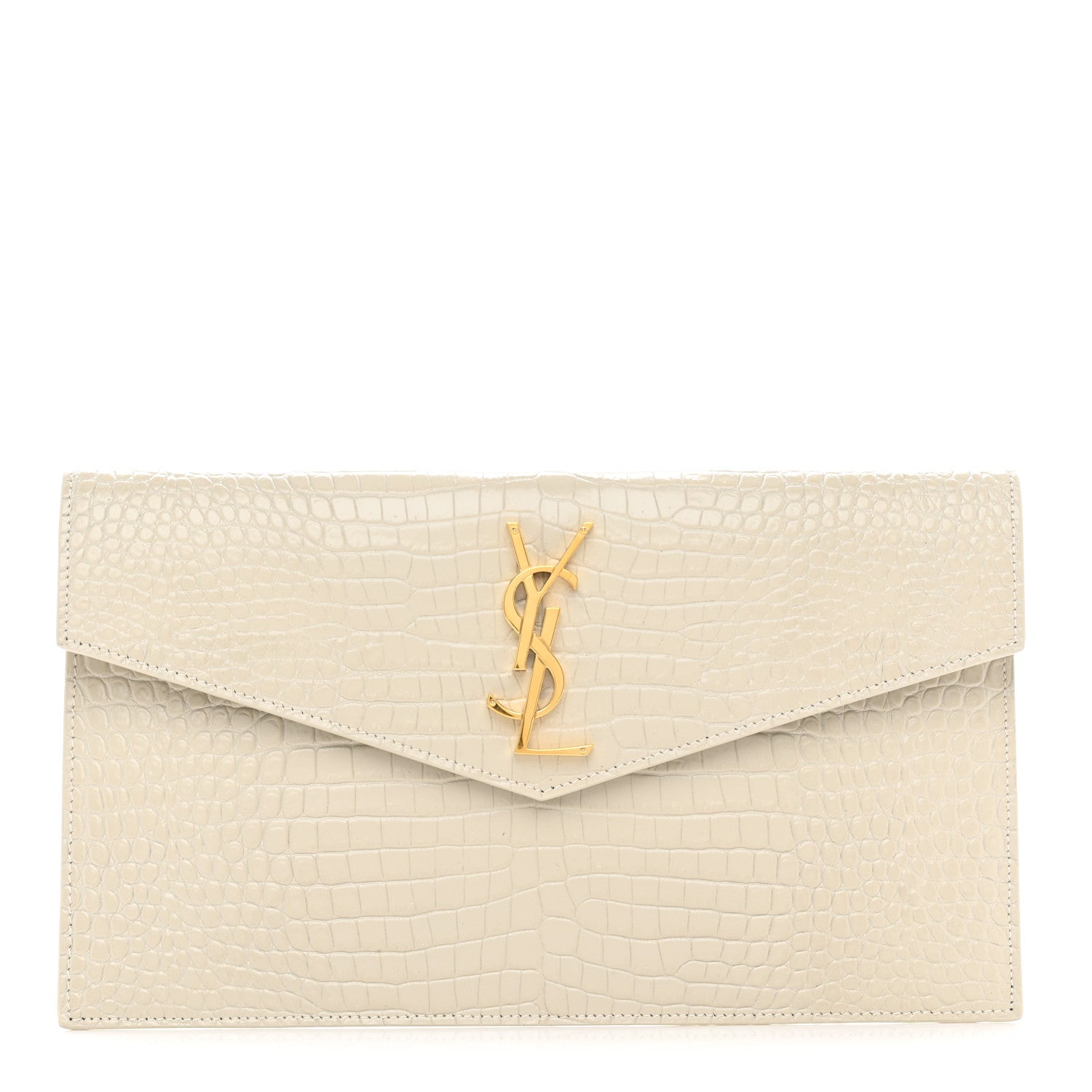 Saint Laurent Calfskin Crocodile Embossed Uptown Monogram Pouch Crema Soft 1 of 8