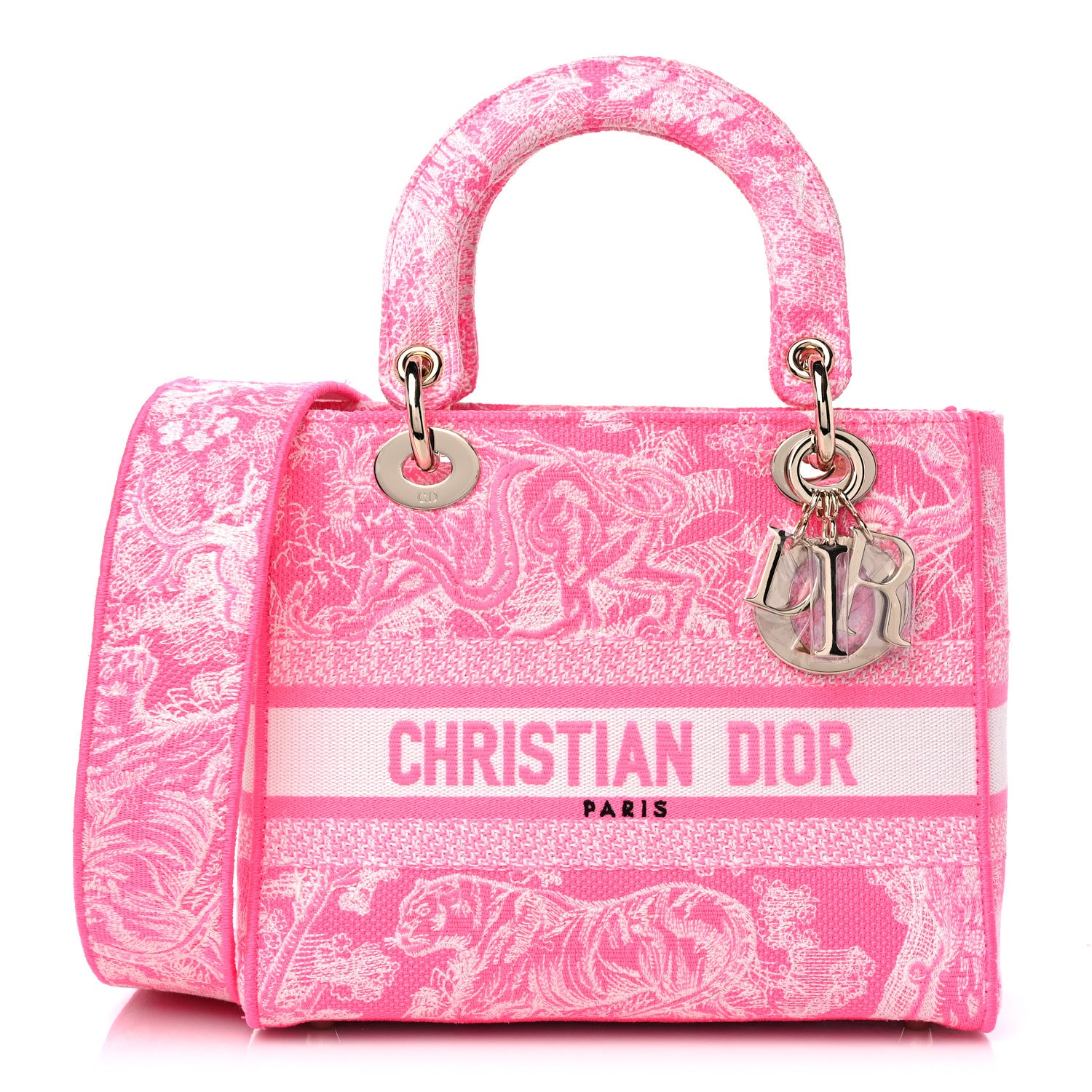 Christian Dior Canvas Toile De Jouy Reverse Embroidered Medium Lady D-Lite Fluorescent Pink 1 of 9
