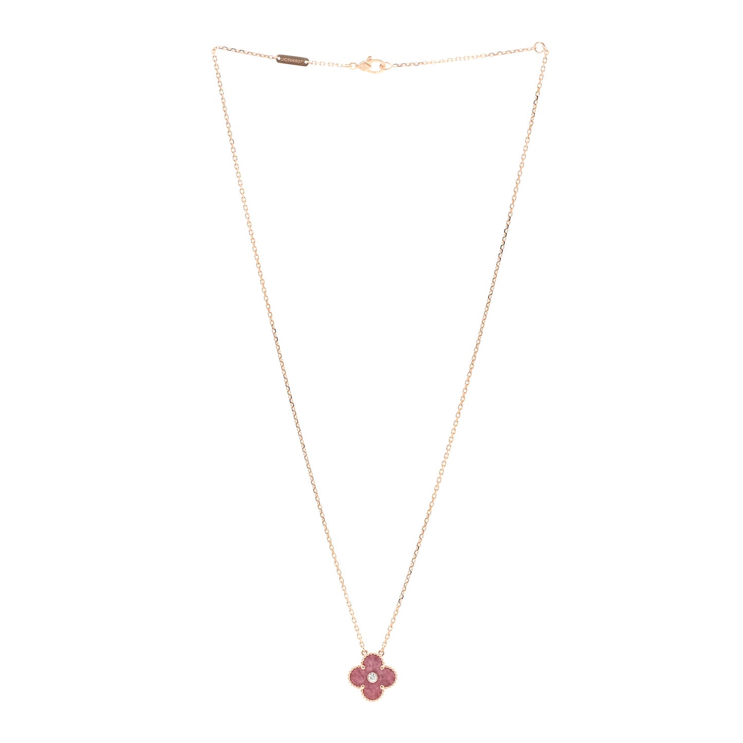 18K Rose Gold Diamond Rhodonite Vintage Alhambra Pendant Necklace
