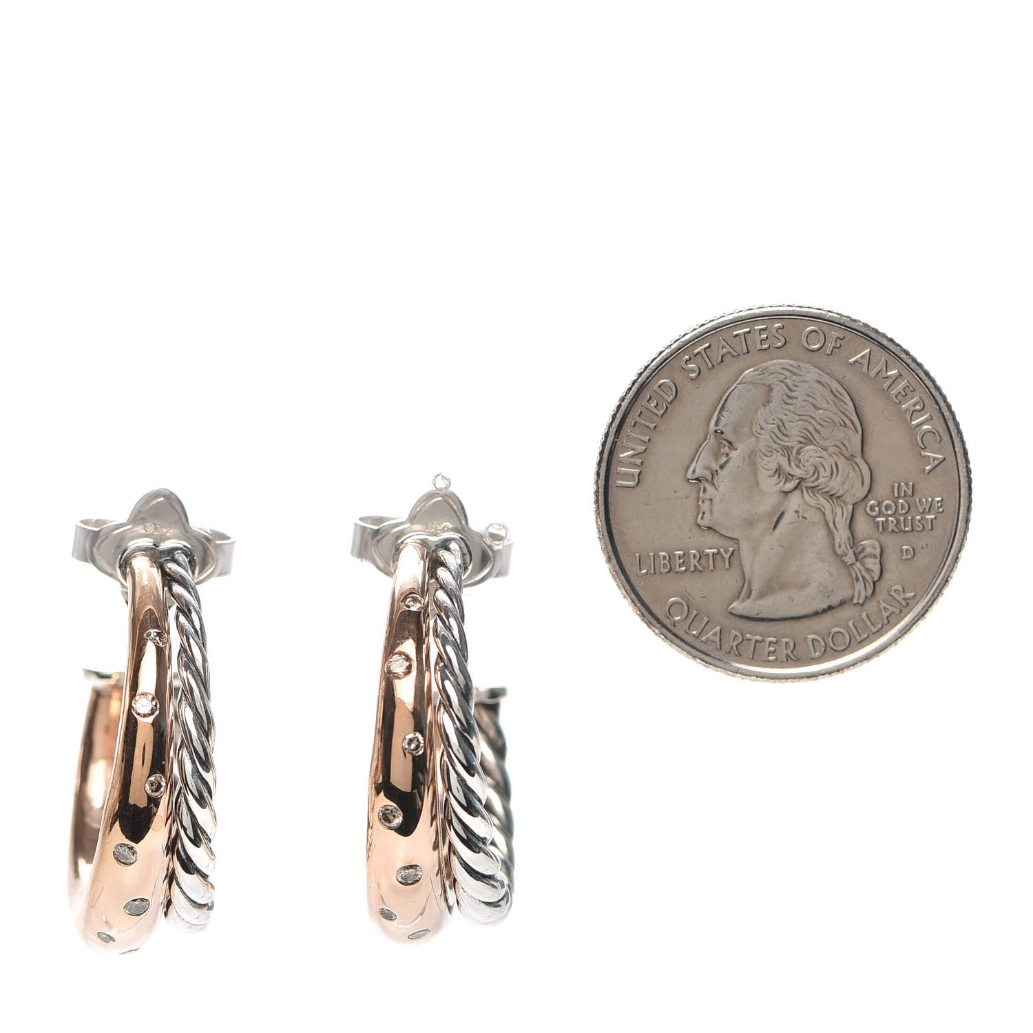 David Yurman Sterling Silver Bronze Diamond Pure Form Mixed Metal Hoop Earrings 2 of 4