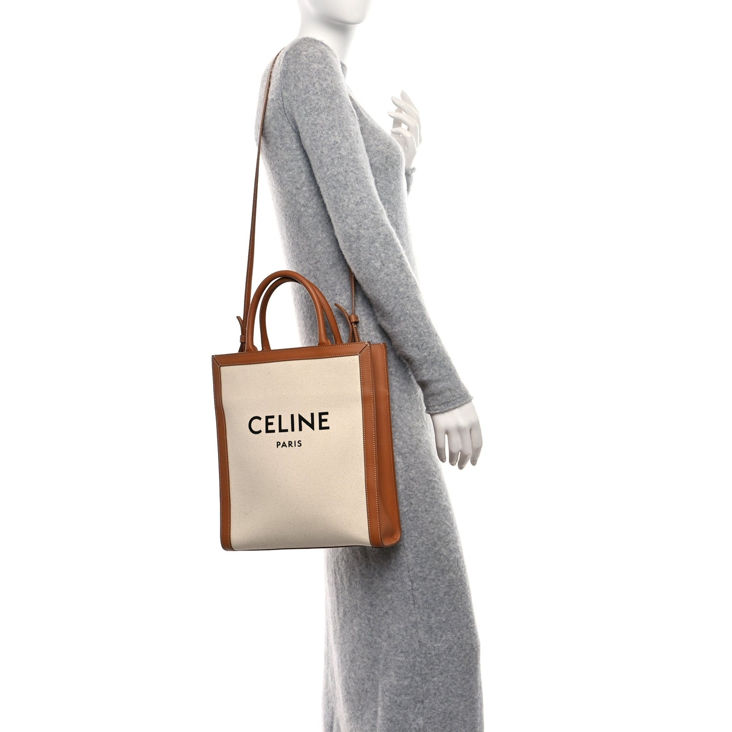 Canvas Calfskin Logo Print Small Vertical Cabas Natural Tan
