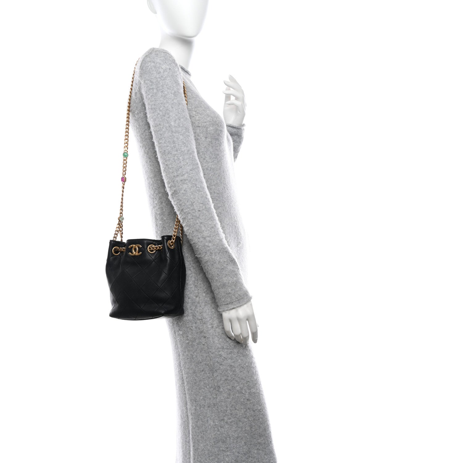 Chanel Lambskin Resin Quilted Small Pearl Samba Bucket Bag Black 2 of 10