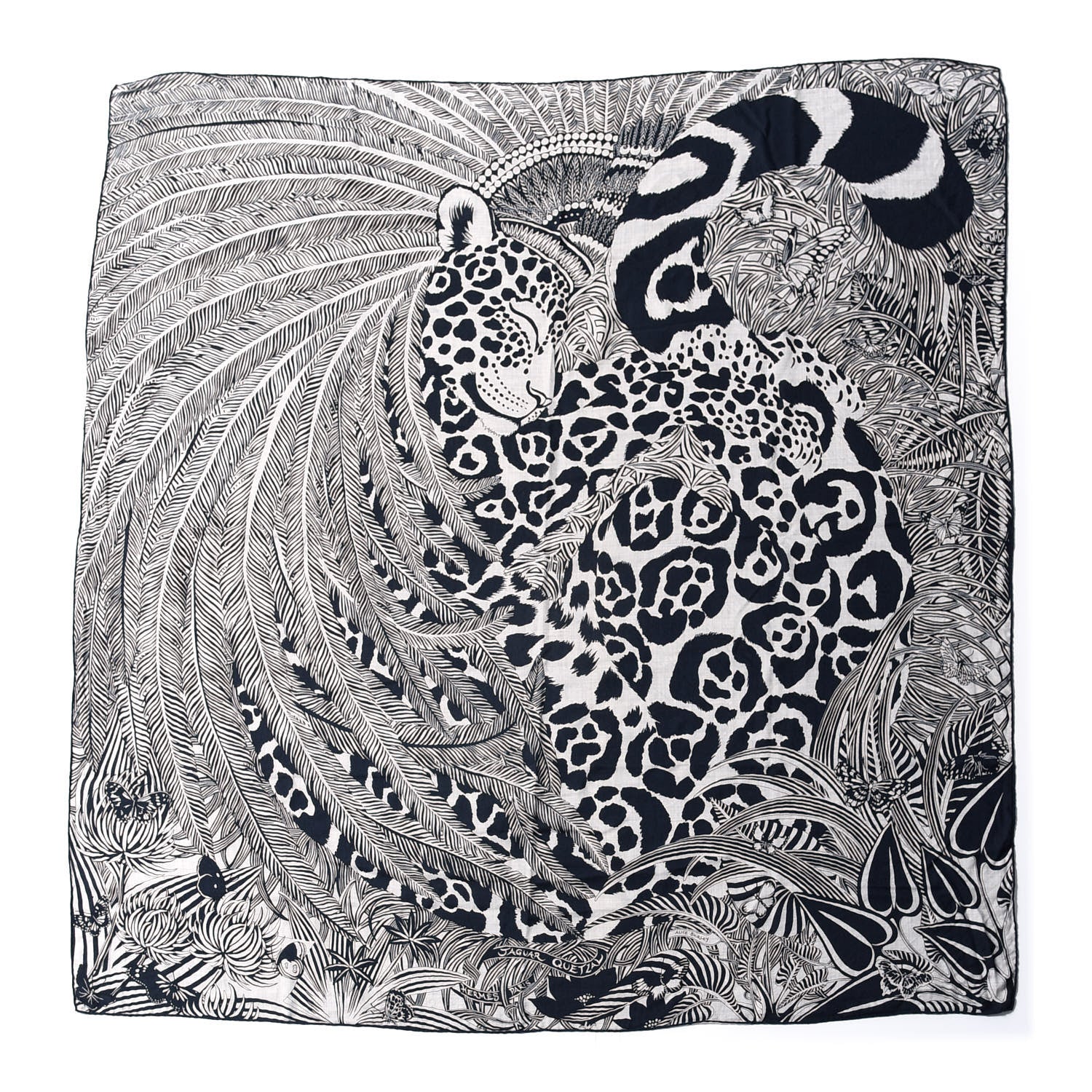 Hermes Cashmere Silk Jaguar Quetzal Shawl 140 Gris Chine Bleu Black Gris 1 of 7