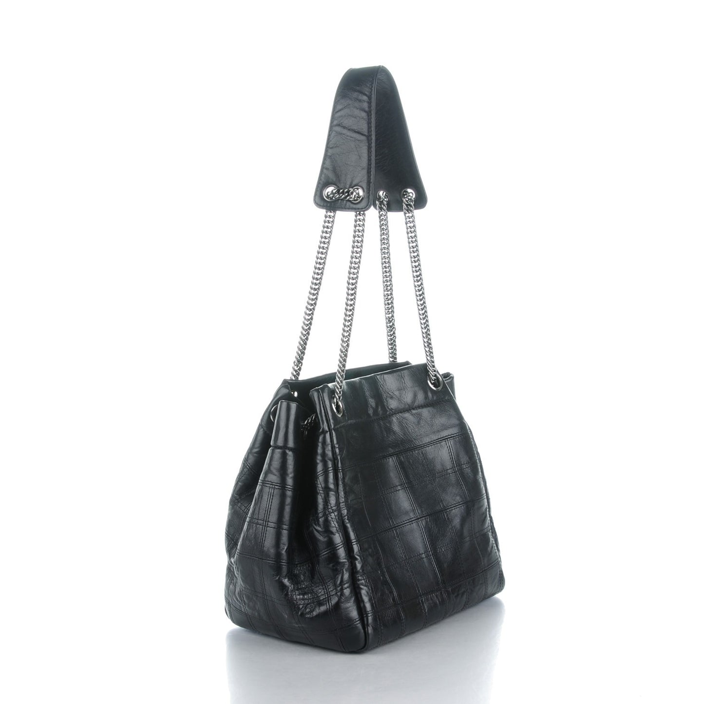 Lambskin Square Stitched Lax Accordion Shoulder Bag Black