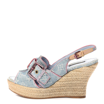 Louis Vuitton Denim Monogram Espadrille Wedge Sandals 40 Blue 1 of 12