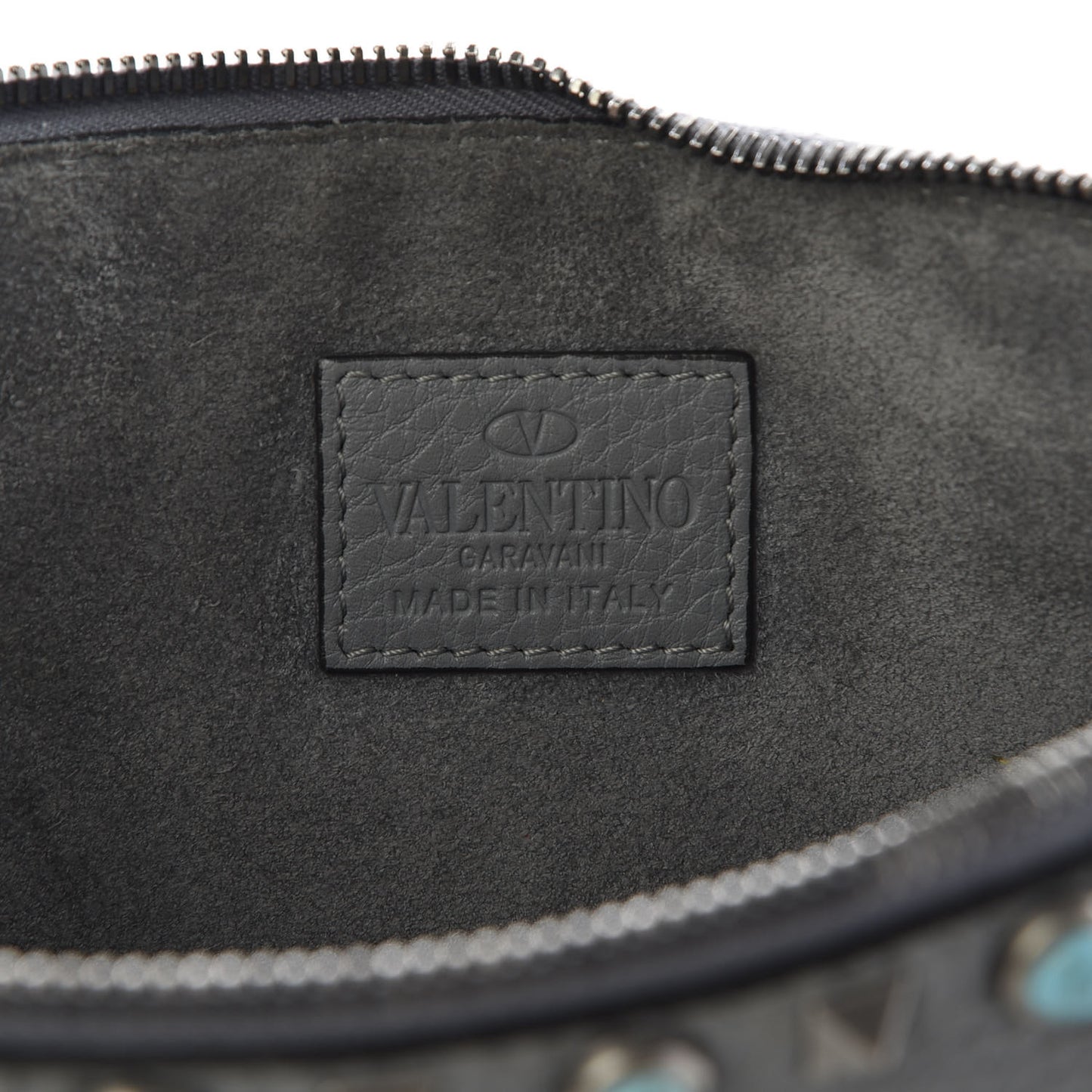 Grained Calfskin Turquoise Large Rockstud Rolling Zip Pouch Light Stone