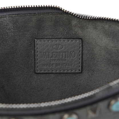 Valentino Garavani Grained Calfskin Turquoise Large Rockstud Rolling Zip Pouch Light Stone 7 of 8