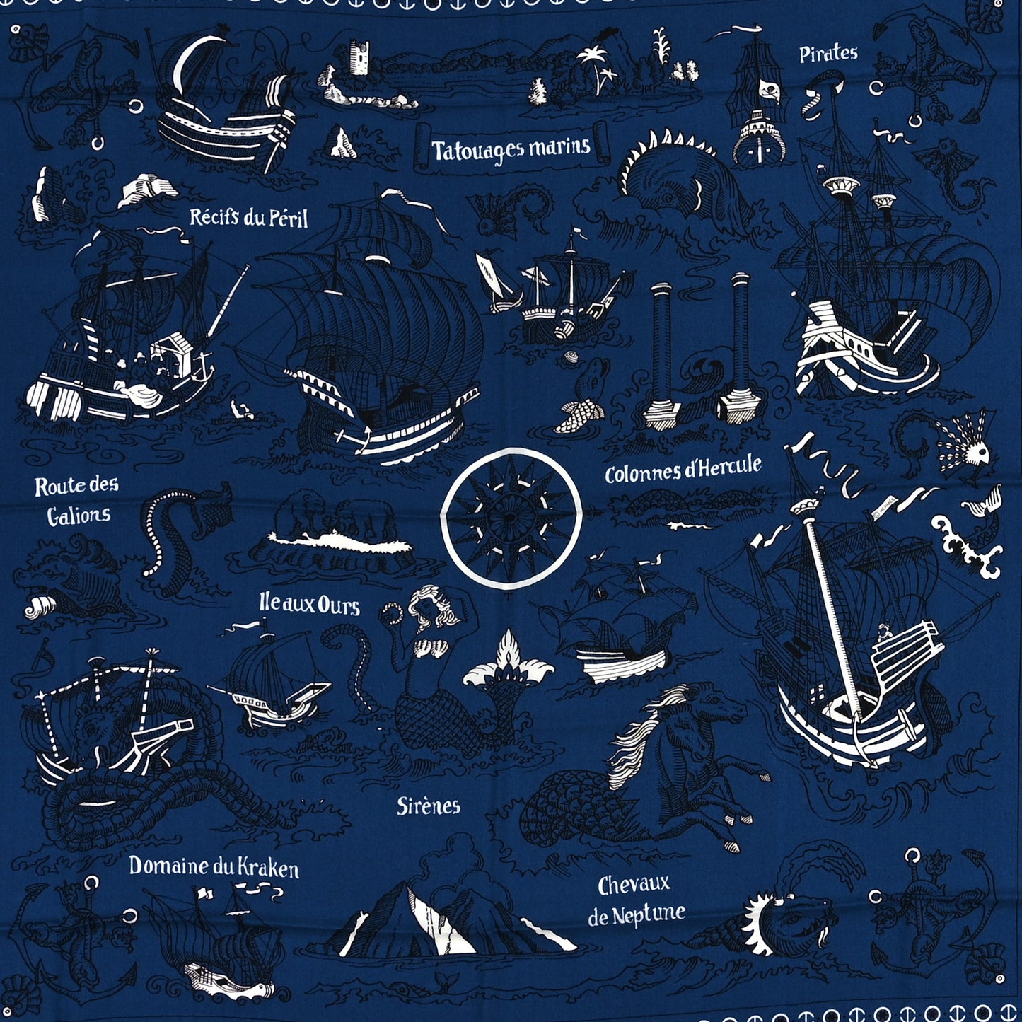 Silk Cashmere Tatouages Marins Shawl 140 Marine White