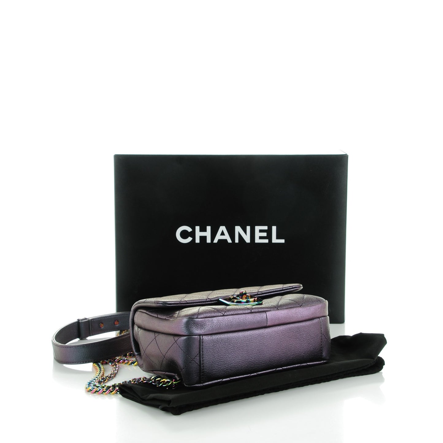 Iridescent Goatskin Quilted Small Double Carry Waist Chain Flap Purple