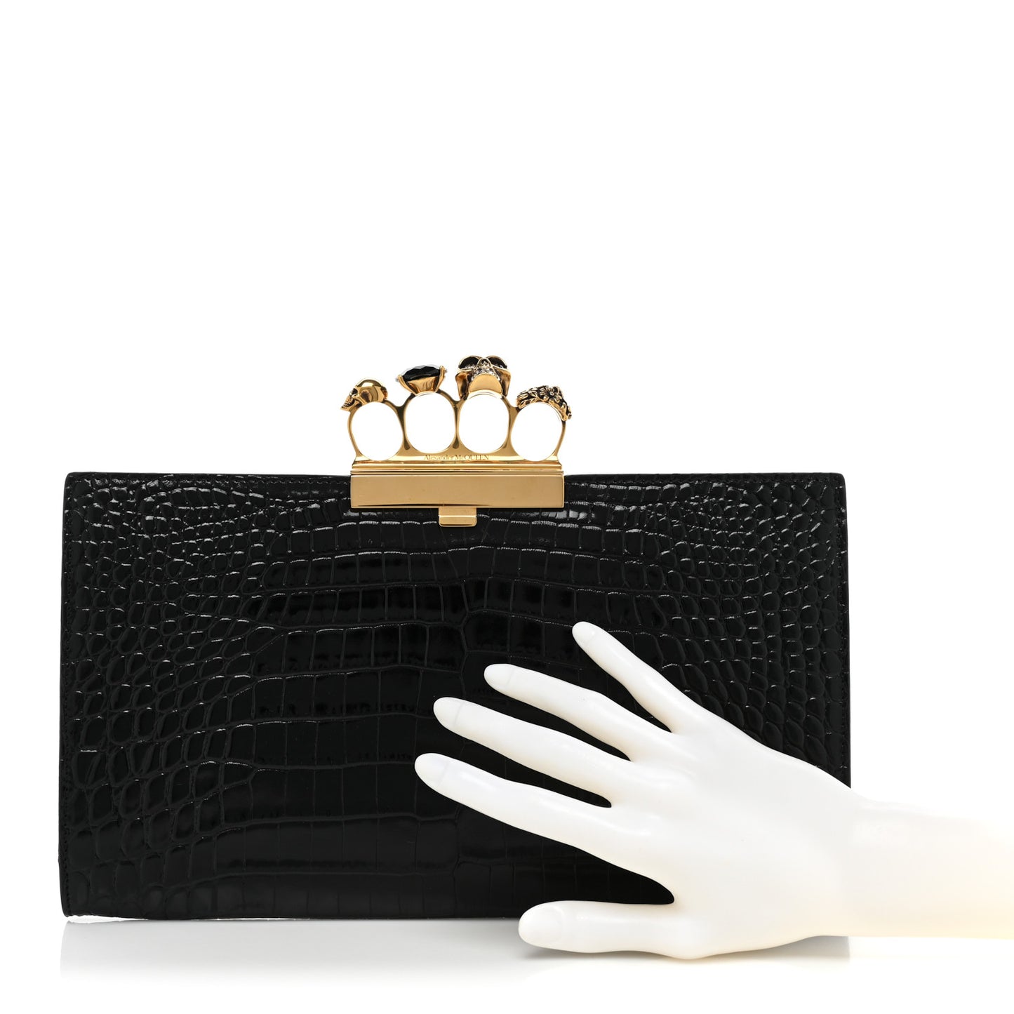 Calfskin Crocodile Embossed Knuckle Flat Clutch Black Gold