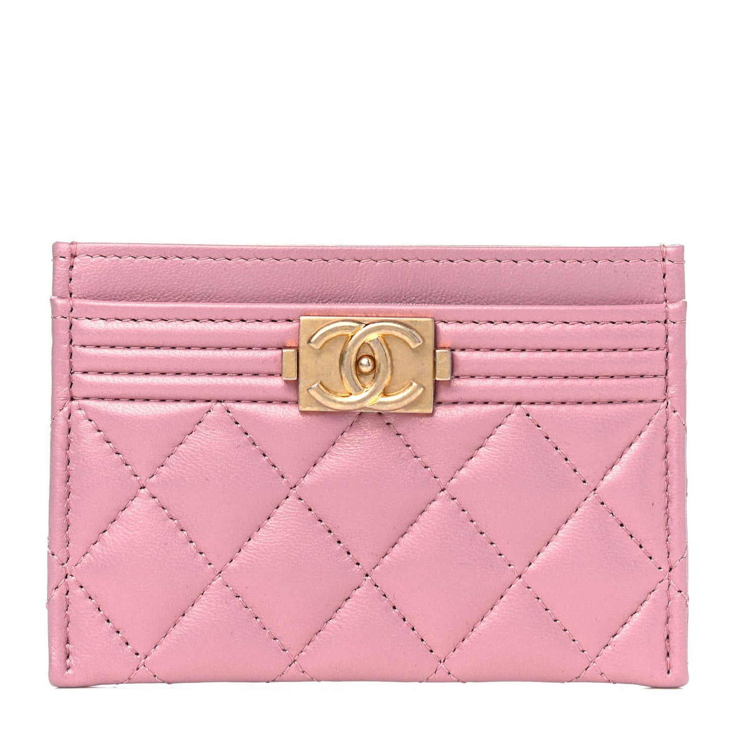 Metallic Lambskin Quilted Boy Card Holder Rose