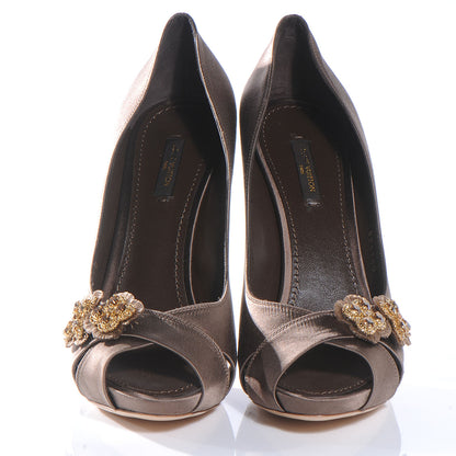 Louis Vuitton Satin Athen Peep Toe Pumps 40 Brown 2 of 8