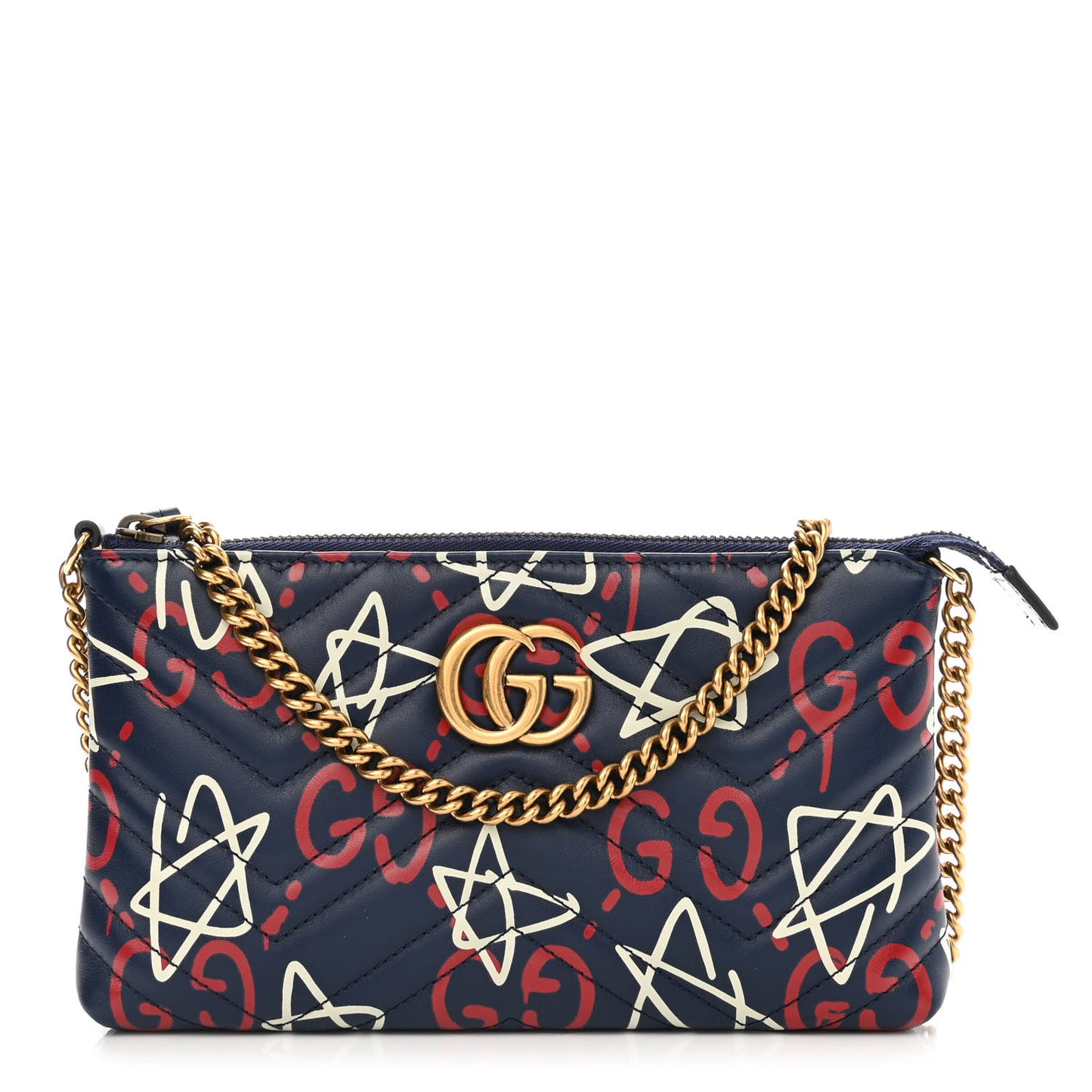 Calfskin Matelasse GucciGhost Mini GG Marmont Chain Bag Blue Agata Hibiscus Red