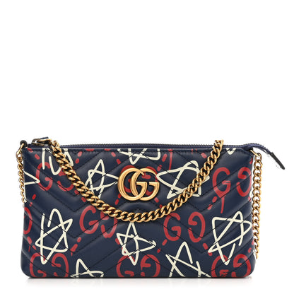 Gucci Calfskin Matelasse GucciGhost Mini GG Marmont Chain Bag Blue Agata Hibiscus Red 1 of 12