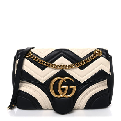 Gucci Calfskin Matelasse Medium GG Marmont Shoulder Bag Black White 1 of 10