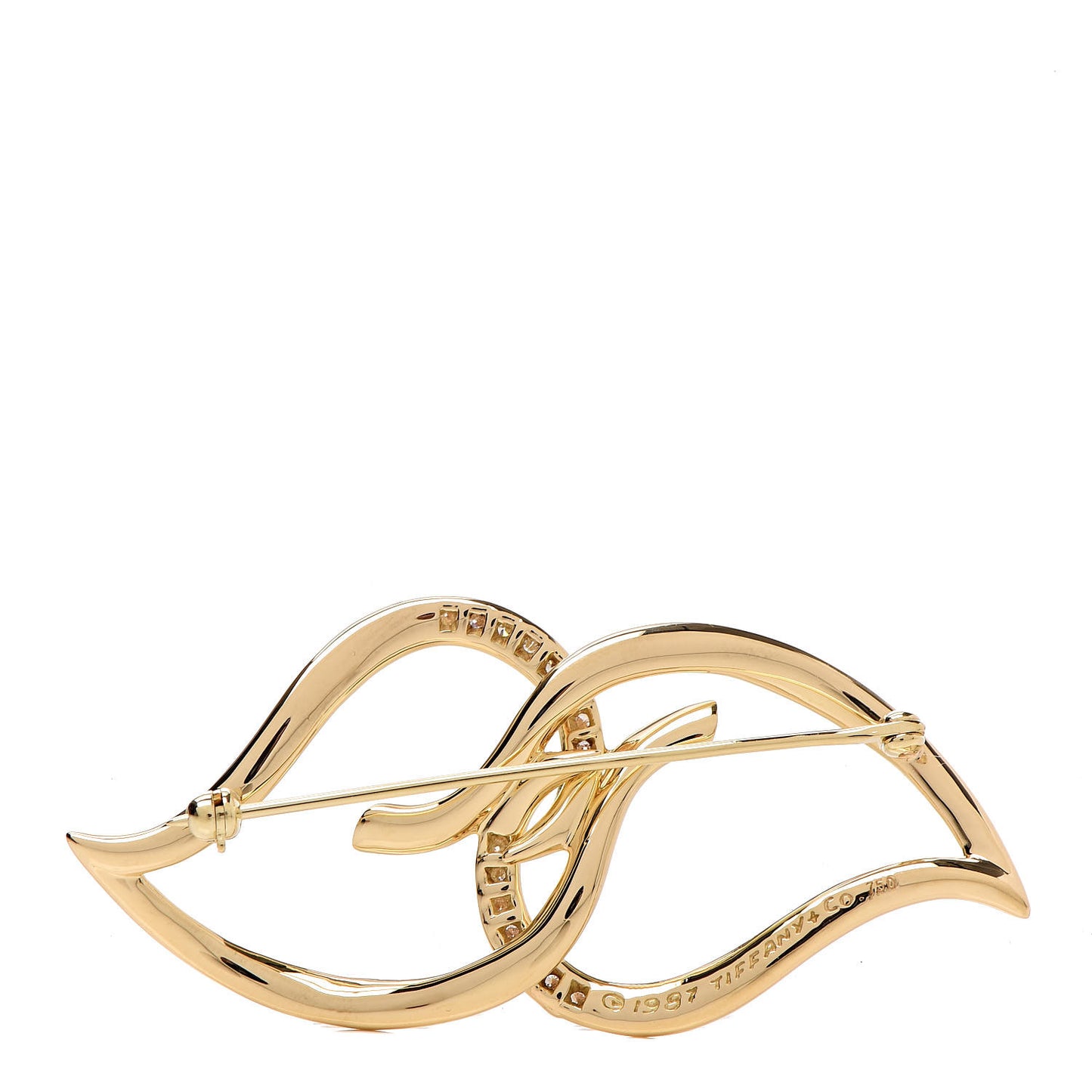 18K Yellow Gold Diamond Double Open Leaf Pin Brooch