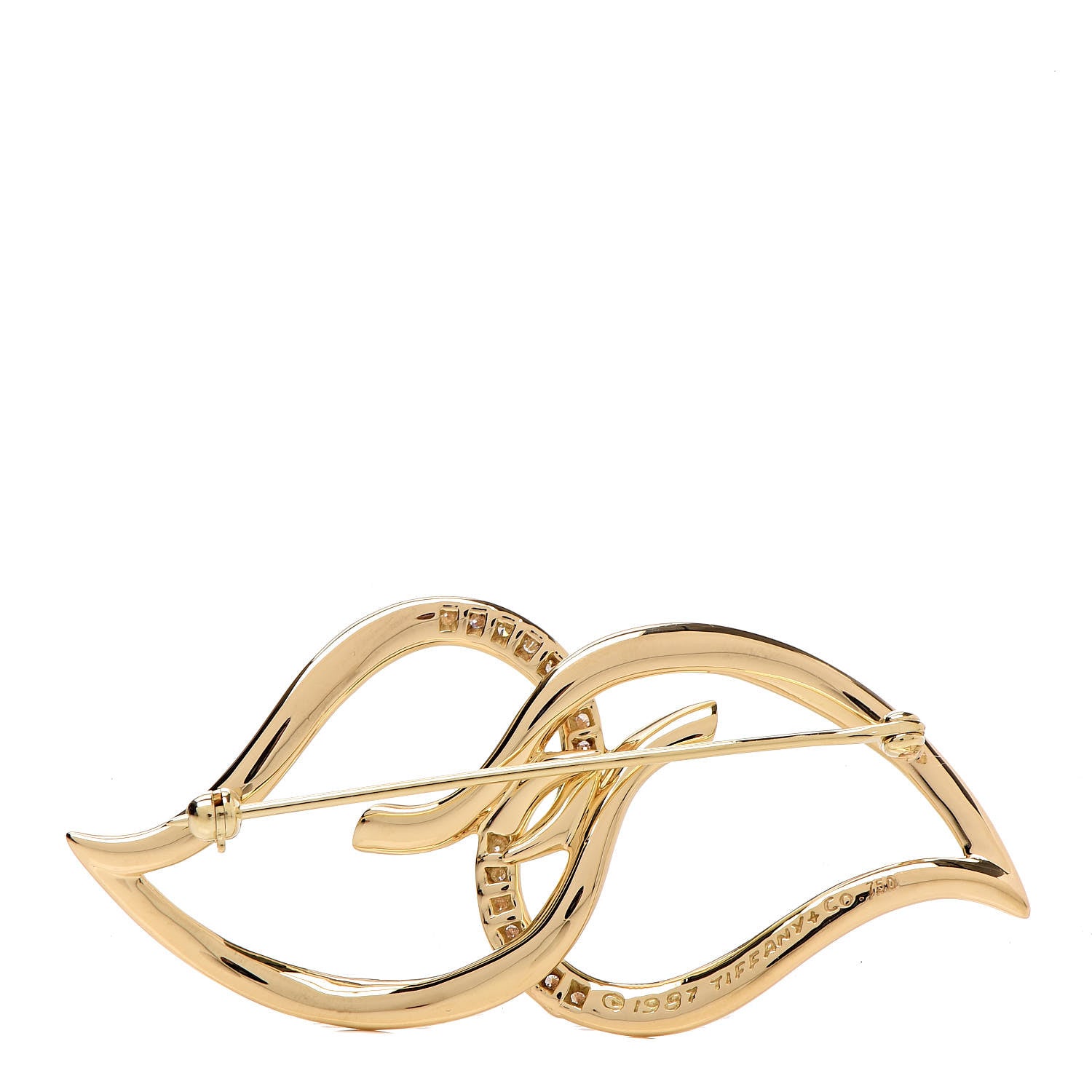 Tiffany 18K Yellow Gold Diamond Double Open Leaf Pin Brooch 3 of 4
