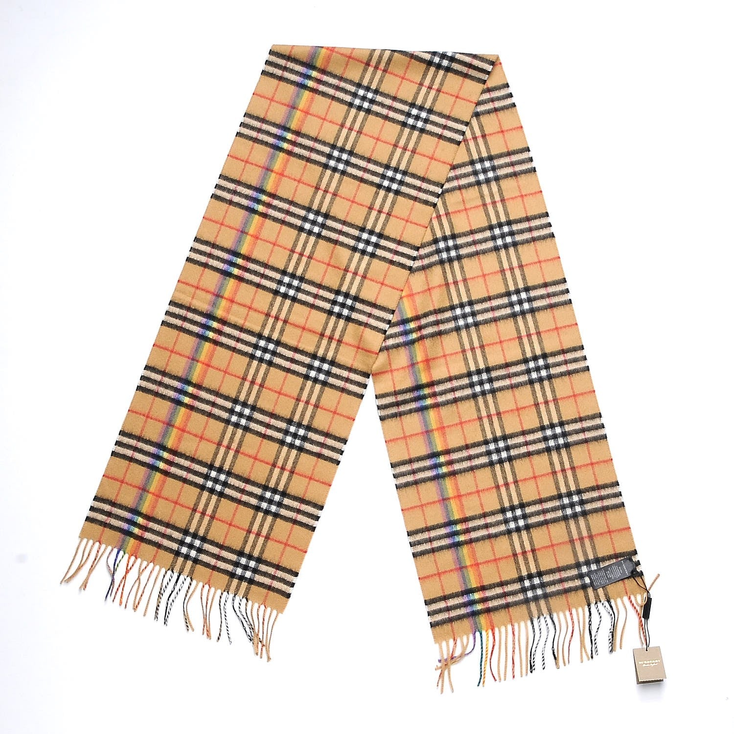 Burberry Cashmere Vintage Rainbow Check Fringe Scarf Antique Yellow 3 of 5