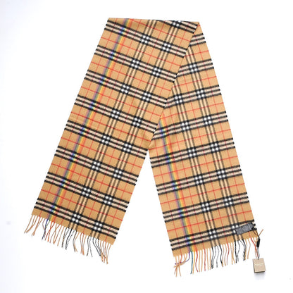 Burberry Cashmere Vintage Rainbow Check Fringe Scarf Antique Yellow 3 of 5