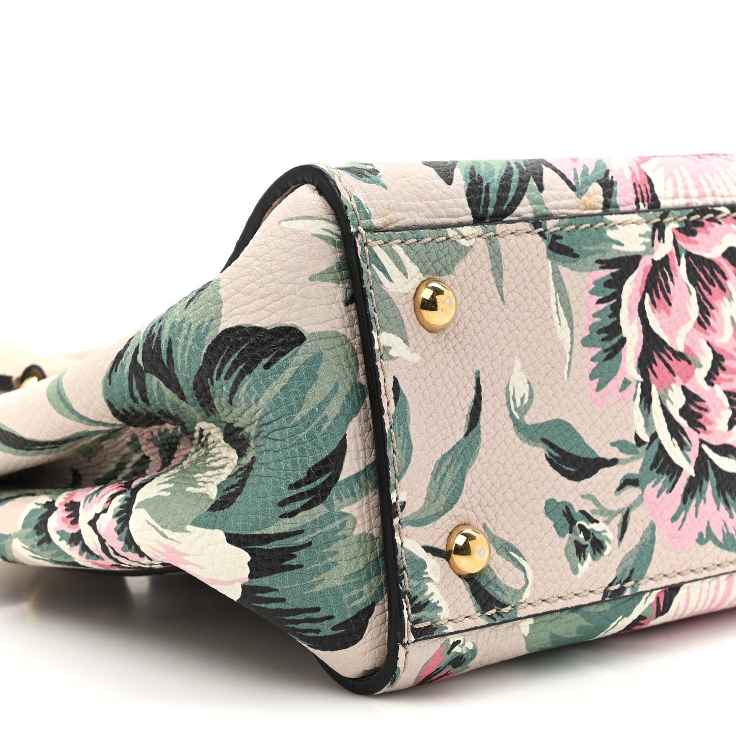 Soft Grain Calfskin Floral Print Medium Buckle Tote Natural Emerald Green