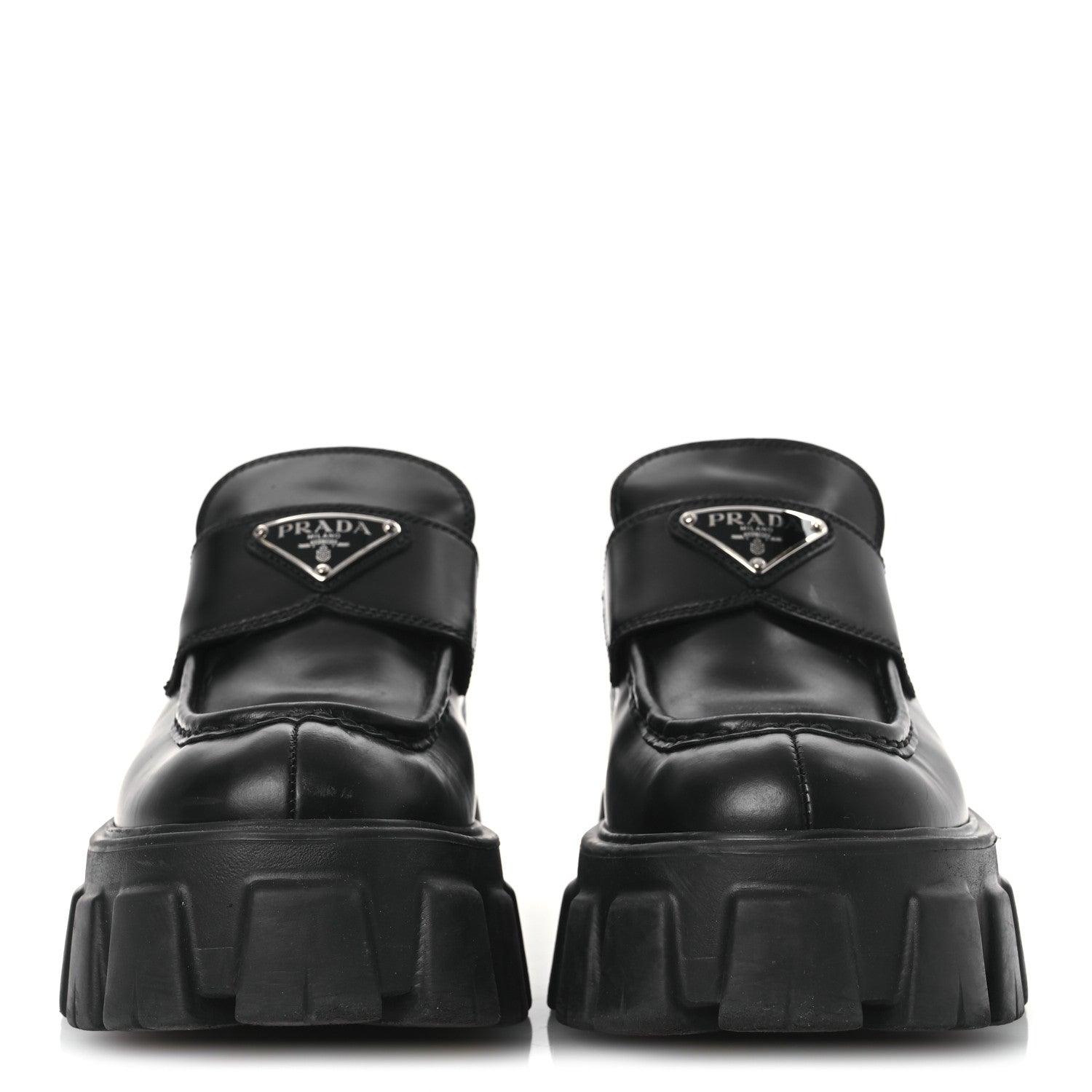 Prada Spazzolato Rois Metal Triangle Logo Monolith 55mm Loafers 37.5 Black 3 of 14