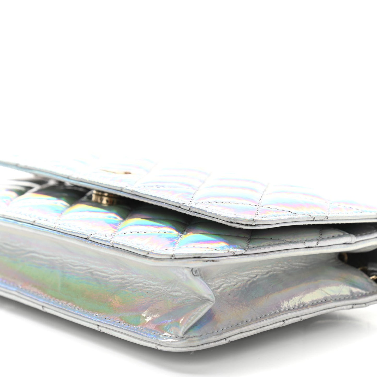 Iridescent Goatskin Quilted Wallet On Chain WOC Silver