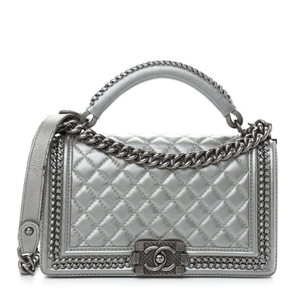 Chanel Metallic Calfskin Quilted Medium Boy Top Handle Flap Silver 1 of 10