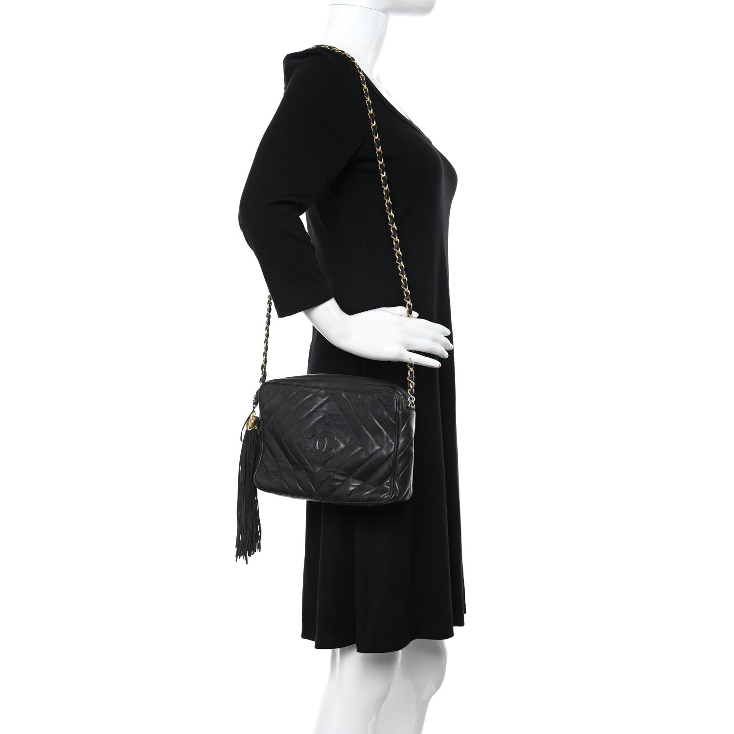 Chanel Lambskin Chevron Quilted Tassel Camera Case Black 2 of 12