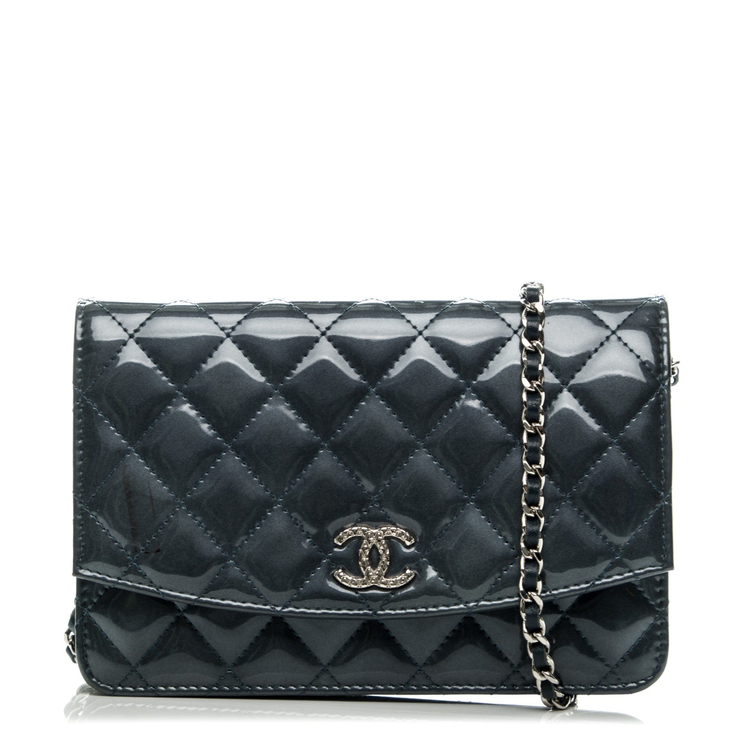 Chanel Patent Quilted Brilliant Wallet On Chain WOC Dark Blue 9 of 15