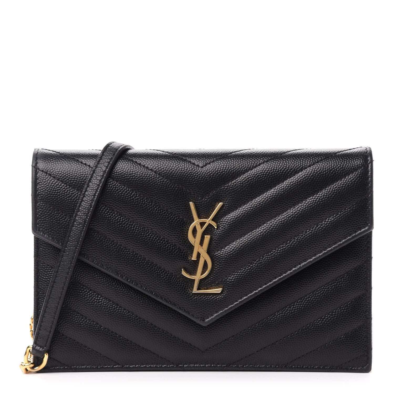 Saint Laurent Grain De Poudre Matelasse Chevron Monogram Envelope Chain Wallet Black 1 of 13