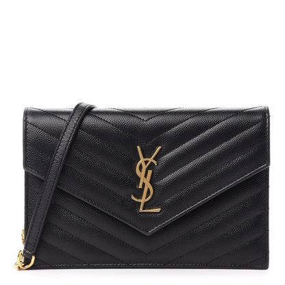 Saint Laurent Grain De Poudre Matelasse Chevron Monogram Envelope Chain Wallet Black 1 of 13